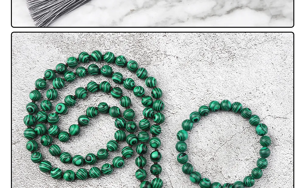 Anhänger Halsketten Mode Malachit Perlen Halskette 8mm Stein Handgefertigte geknotete Quaste Schmuckset Charm Männer Armband_voghion.com