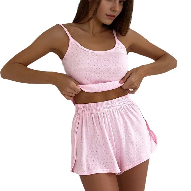 Ensemble pyjama décontracté pour femme, tricoté, respirant et doux pour la peau, avec short fendu, deux pièces, 2025_voghion.com