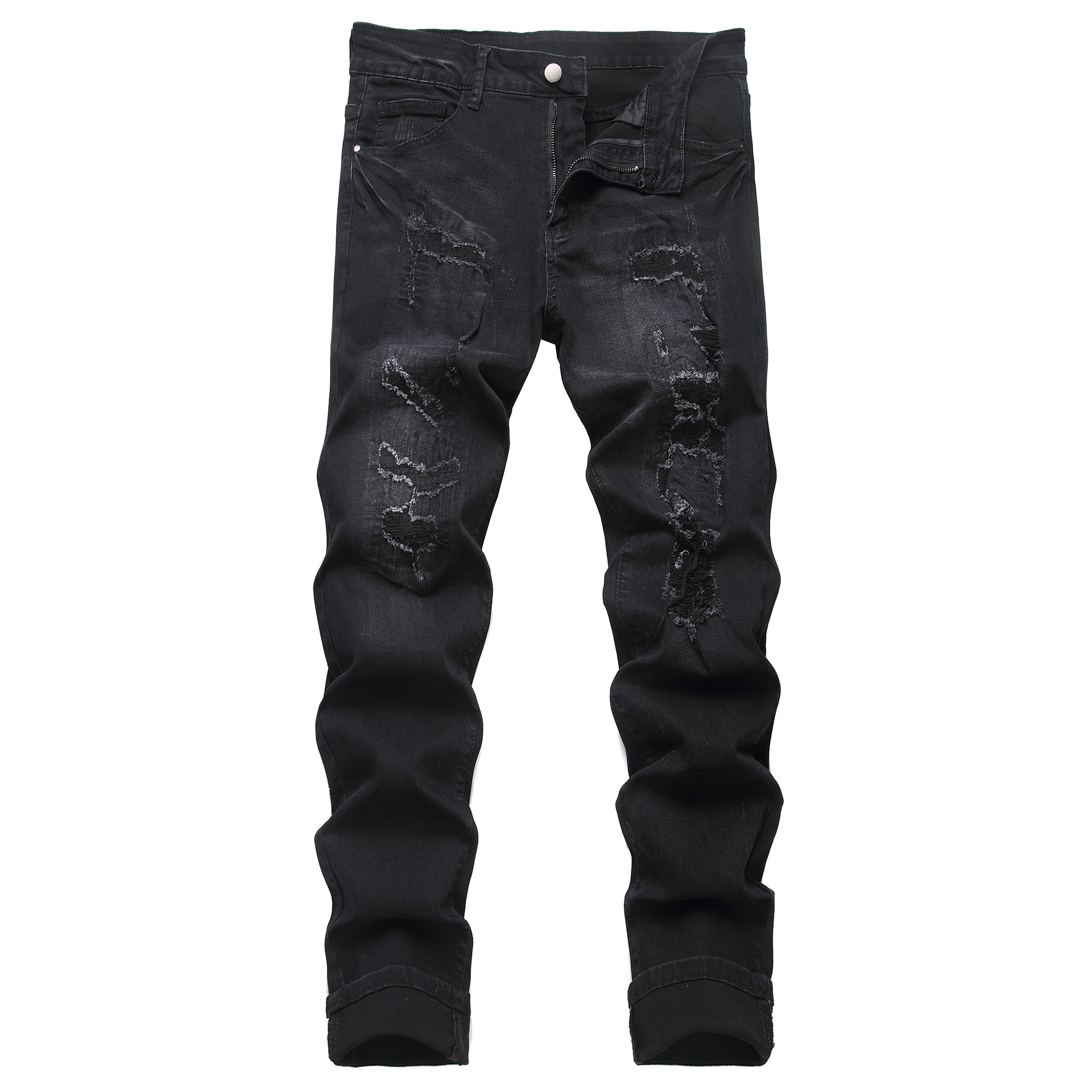 Men’s Clothing Embroidered Denim Black Slim Fit Embroidered Ripped Jeans – Distressed Black Denim Pants With Artistic Stitching & Stretch Comfort