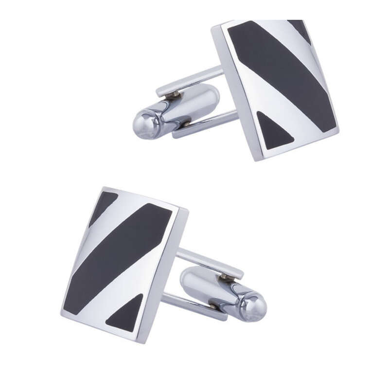 Gemelos de camisa francesa para hombre, de metal esmaltado con rayas negras cuadradas_voghion.com