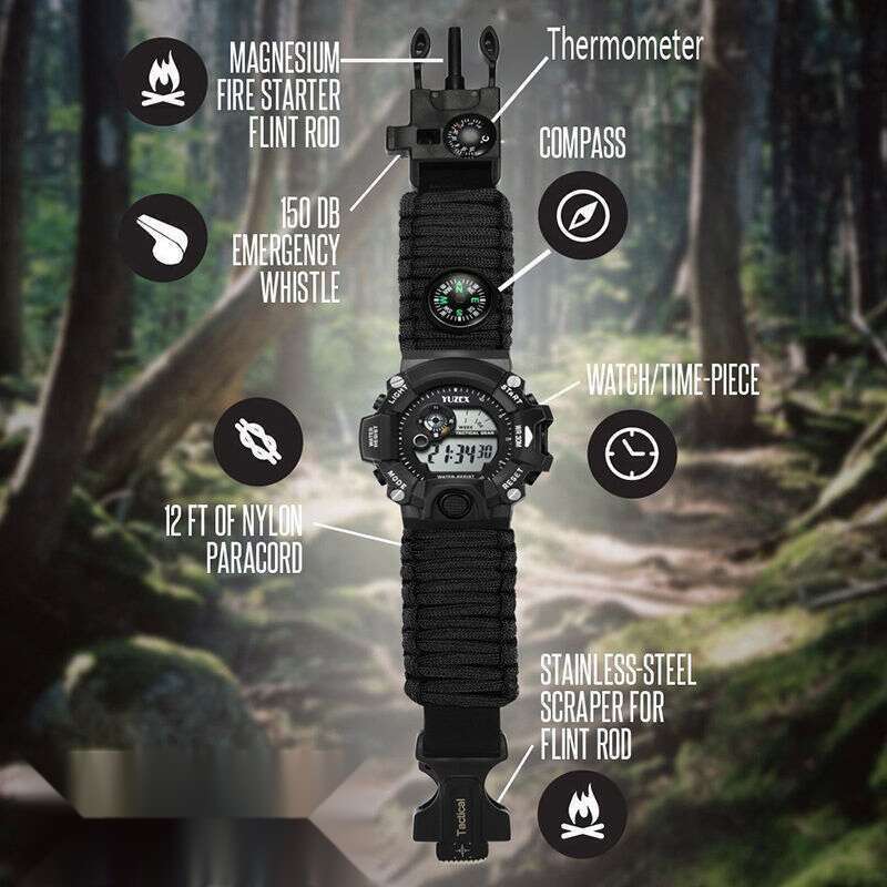Multi - Functional Outdoor Adventure Bracelet: Umbrella Rope, Flint, Compass, Thermometer, Watch_voghion.com