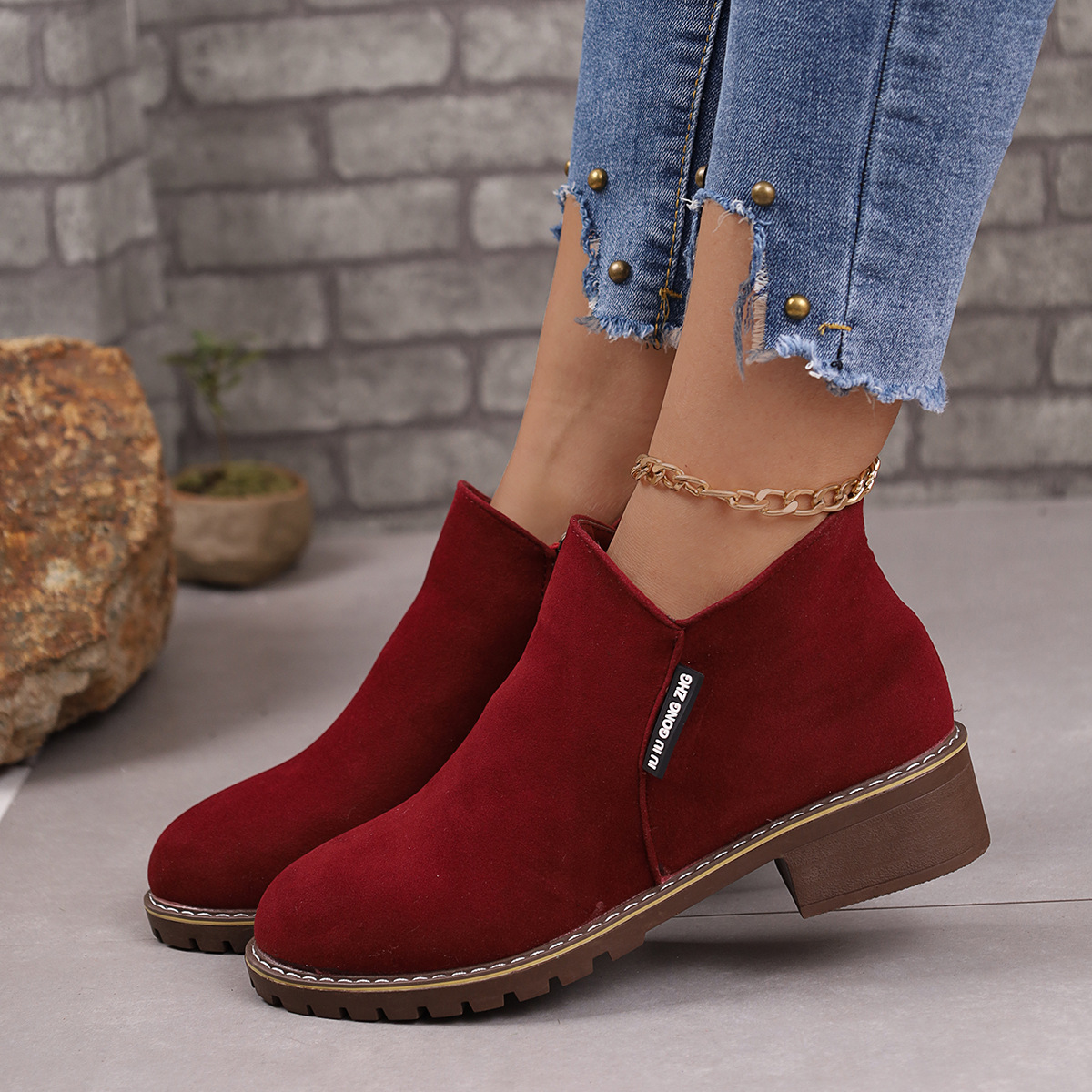 Botines vintage nuevos, cortos y esmerilados para mujer con tacones gruesos y cremalleras laterales