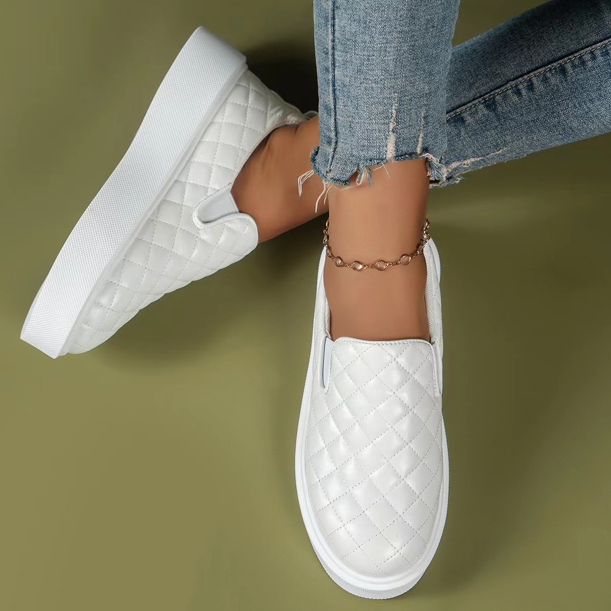 Damenmode große Größe flache flache runde Kopf niedrige karierte Einzelschuhe für Frauen einfache einfarbige Fußset faule Halbschuhe_voghion.com