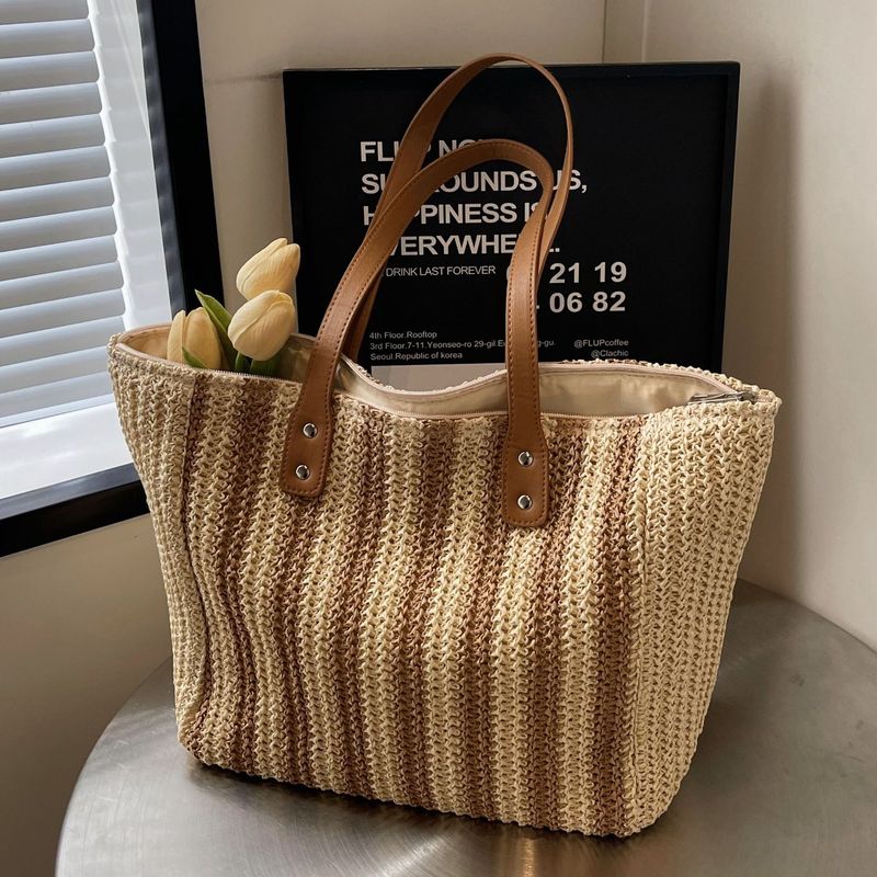 Borsa tote da spiaggia in tessuto con texture a spalla in erba, grande capacità, per le donne, estate 2024_voghion.com