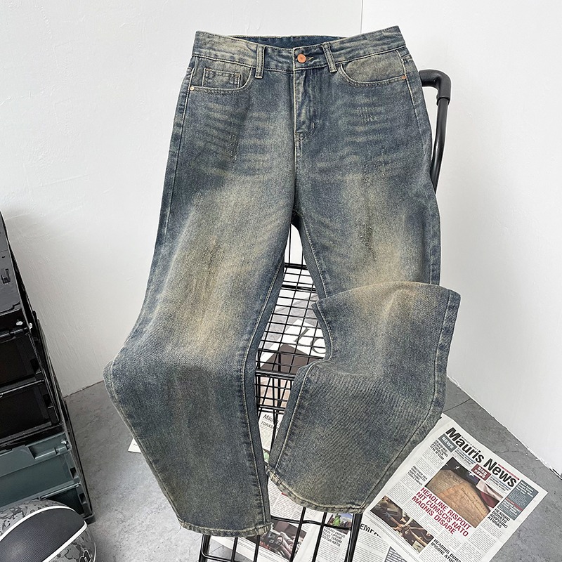 Men’s Clothing High Street Fashion Jeans Men Lazy Style Loose Straight Cat Whisker Casual Pants Versatile Wide Leg Pants