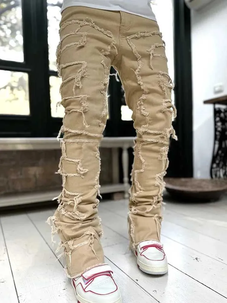 Mens Streetwear Ripped Jeans Fashionable Cool Stretch Pink Stacked Edge Denim Mens Y2K Punk Patch Work Hip-hop Pants_mkmklike.com