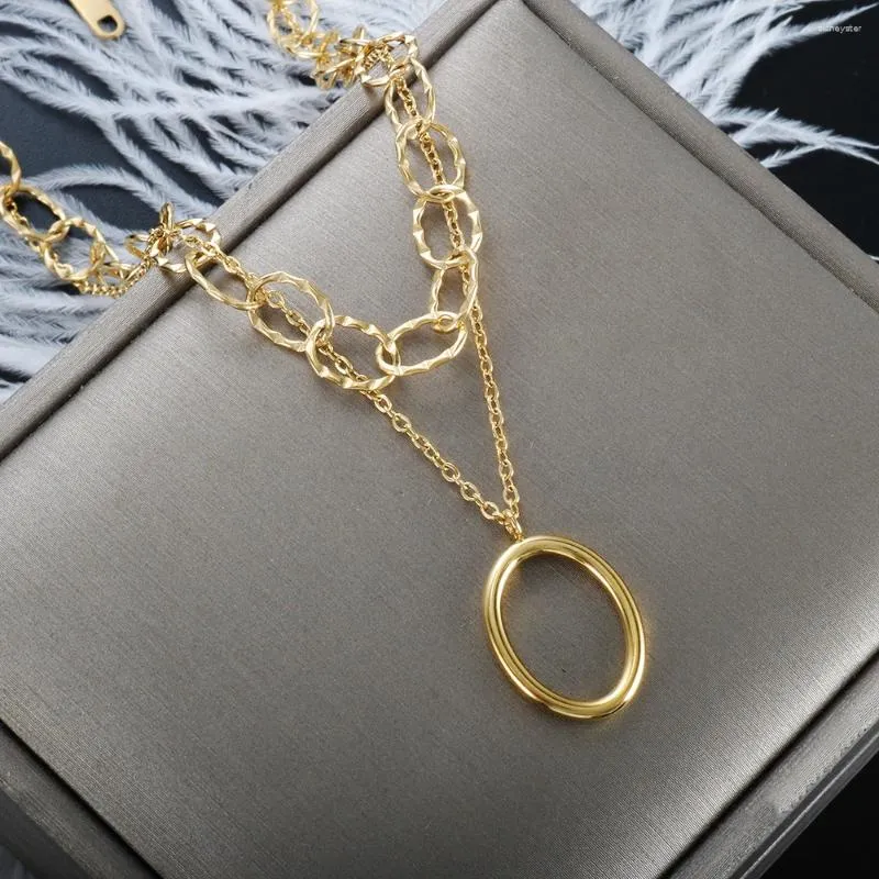 Collane con ciondolo Semplice ovale Multi strato Collana per donna Uomo Acciaio inossidabile Catena a maglie Choker Hip Hop Trendy_voghion.com
