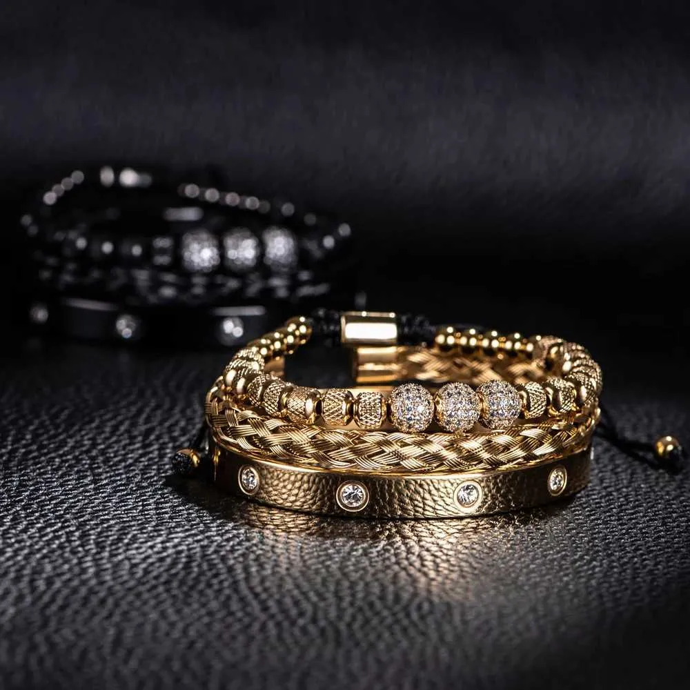 Pulseira 3 Deluxe Micro Pay CZ Contas Redondas Royal Charm Pulseira Masculina de Cristal em Aço Inoxidável Casal Joias Feitas à Mão Presentes_voghion.com