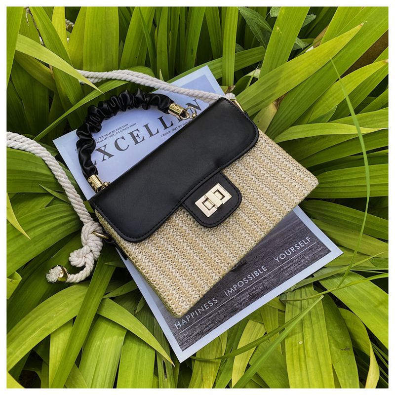 Geantă de mână pentru femei, geantă de umăr din paie, simplă, țesută, crossbody, culoare contrastantă, tip cutie, model la modă_voghion.com