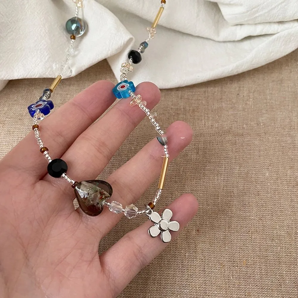 Chains Korean Trendy Exquisite Retro Flower Love Heart Beaded Necklace For Women Personality Simple Cool Clavicle Chain_voghion.com