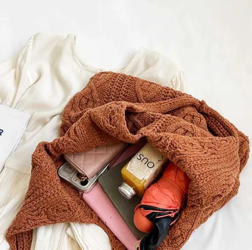 New Vintage Wool Knitted Hand Woven Shoulder Bag For Women Casual Shopping Handbag Large Capacity Female hetC241105_voghion.com