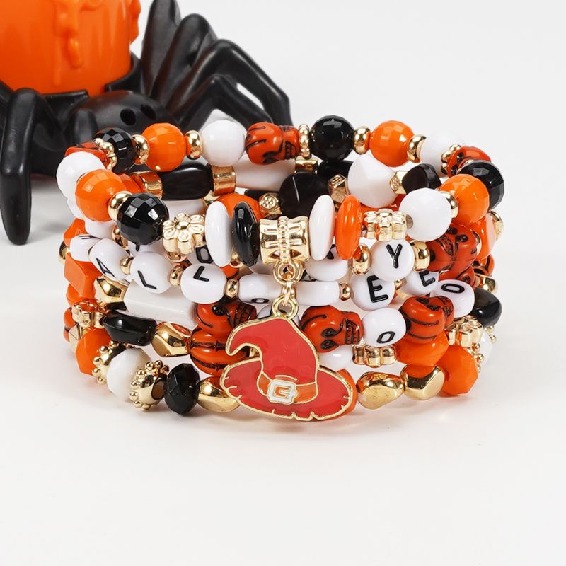 Halloween Artificial Crystal Soft Clay Beaded Pumpkin Ghost Bat Hat Pendant Party Bracelet_voghion.com