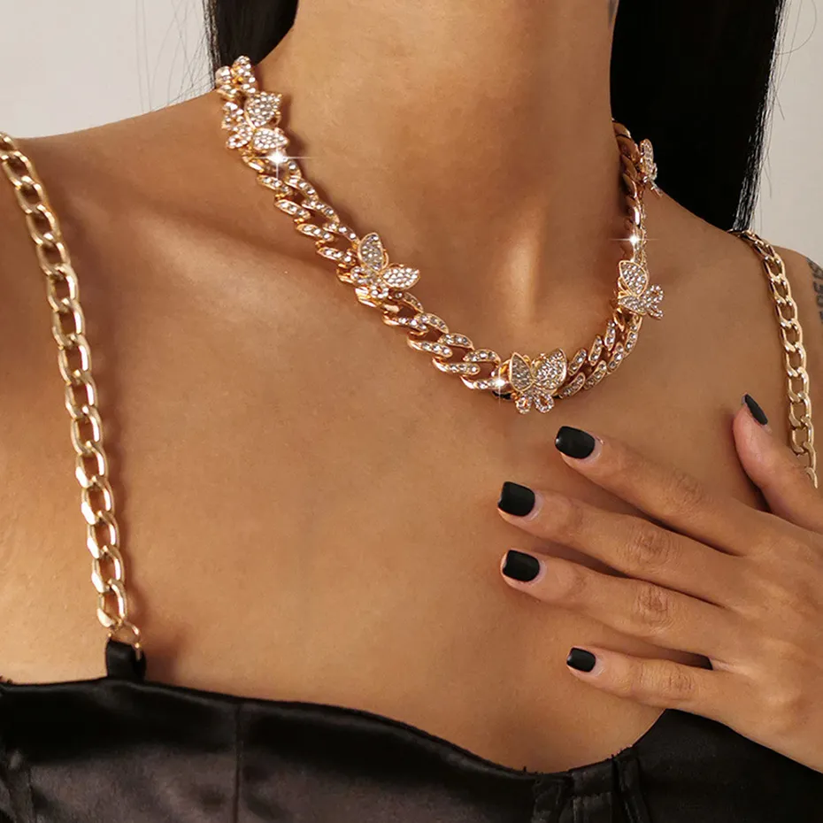 Collana a farfalla punk ghiacciata, 1 pezzo, catena cubana a forma di farfalla, con ciondolo a forma di cuore, stile rapper, bracciale e collane._voghion.com