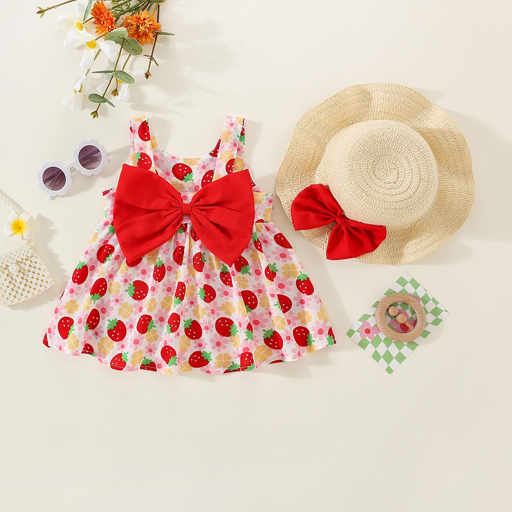 Robe d'été pour bébé avec nœud et fraise, jolie robe pour enfants, vêtements de plage pour enfants avec chapeau_voghion.com