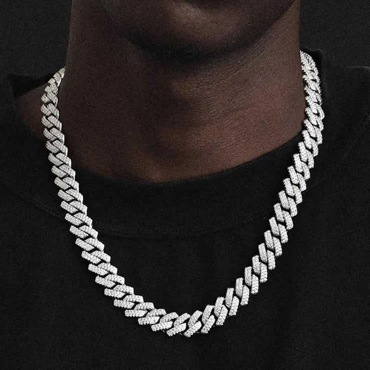 Catena a maglie cubane con doppia fila di zirconi cubici CZ con retro solido da 15 mm di larghezza e diamantata_voghion.com
