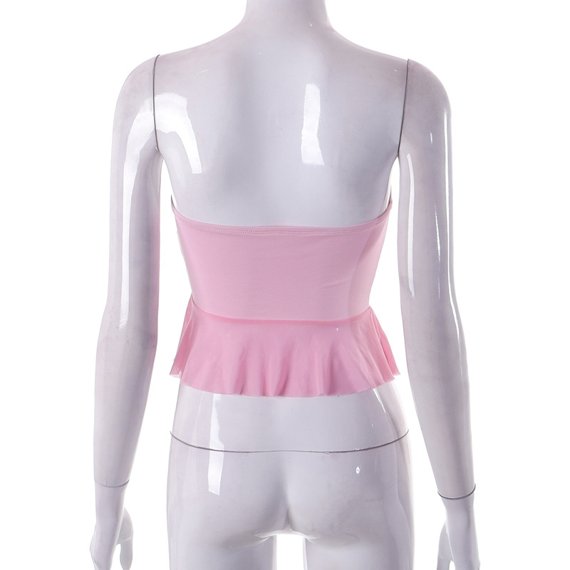Q23TP003 top senza schienale in rete patchwork irregolare senza spalline sexy in tinta unita primavera stile 2024 nuova primavera_voghion.com