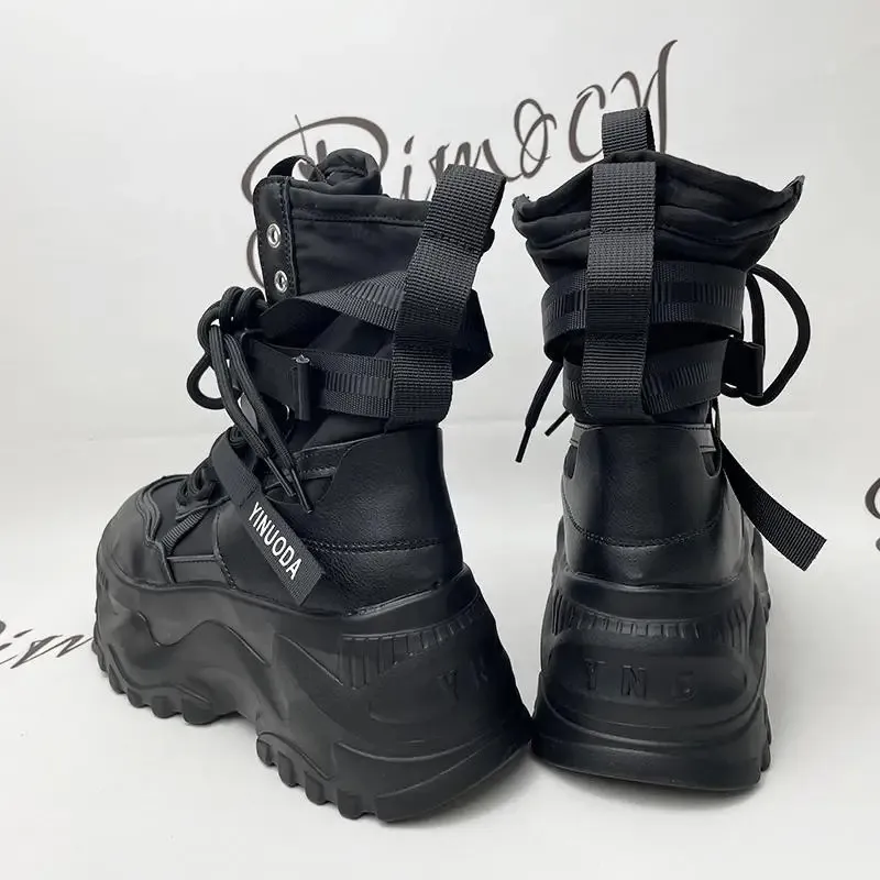 Bottines de moto blanches à plateforme épaisse pour femmes, chaussures vulcanisées à lacets et à boucle, à la mode, pour l'automne_voghion.com