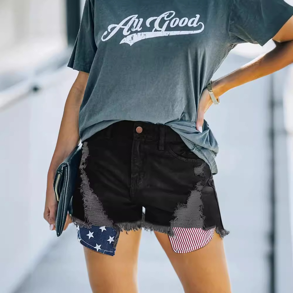 pocket stars and stripes flag ripped tassel jeans short_voghion.com