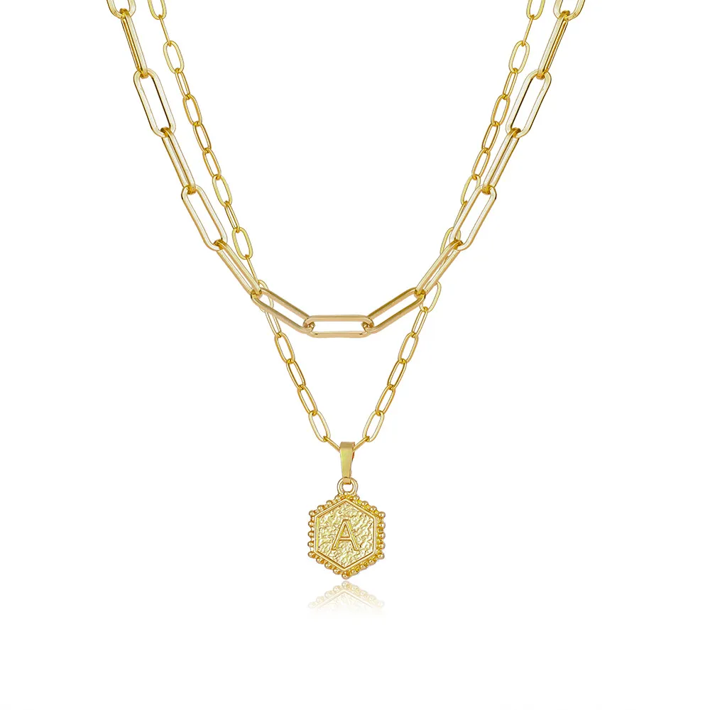 Colliers pendentifs délicats superposés avec initiales pour femmes, chaîne en or avec trombone, collier ras du cou simple avec lettres hexagonales_voghion.com