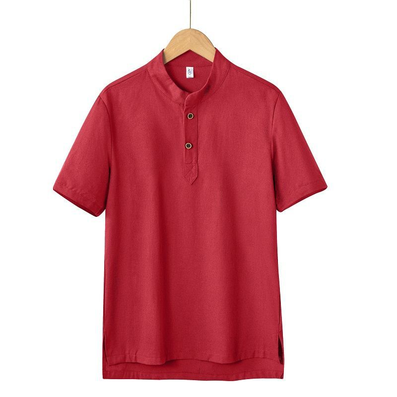 Men's Clothing  shirt solid color men's foreign trade men's summer men's cotton and linen casual shirt half placket stand collar new_voghion.com