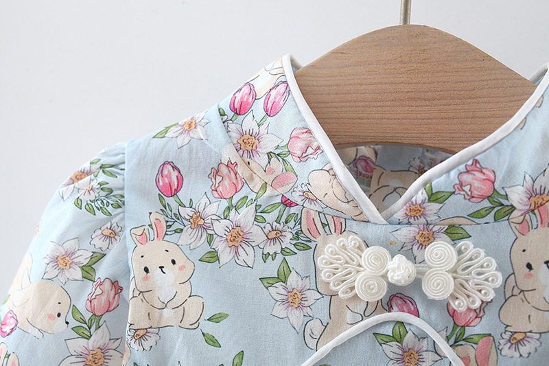 Autumn Baby Girl Dress Rabbit Print Long Sleeved Dress With Rabbit Ears Chinese Qipao Style Children's Clothing_voghion.com