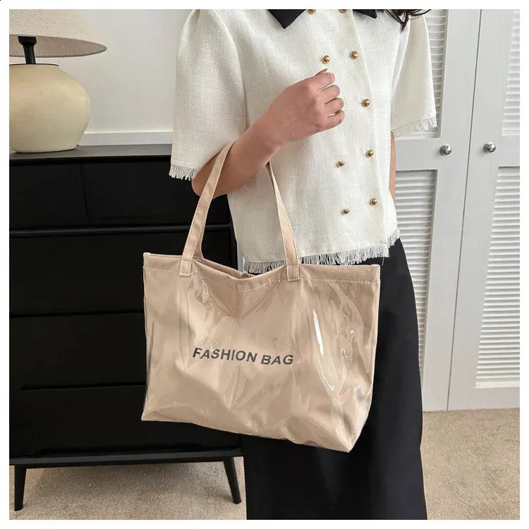 Clear Tote Bag With Letter Print Large Capacity Waterproof Beach Bag_voghion.com