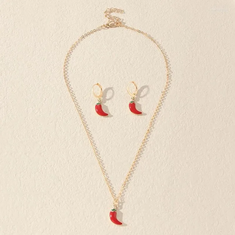 Collana Orecchini Set Coreano Carino Piccolo Rosso Smalto Ciondolo Clavicola Catena Con Peperoncino Gioielli Donna Festa_voghion.com