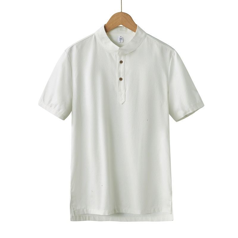 Men's Clothing  shirt solid color men's foreign trade men's summer men's cotton and linen casual shirt half placket stand collar new_voghion.com