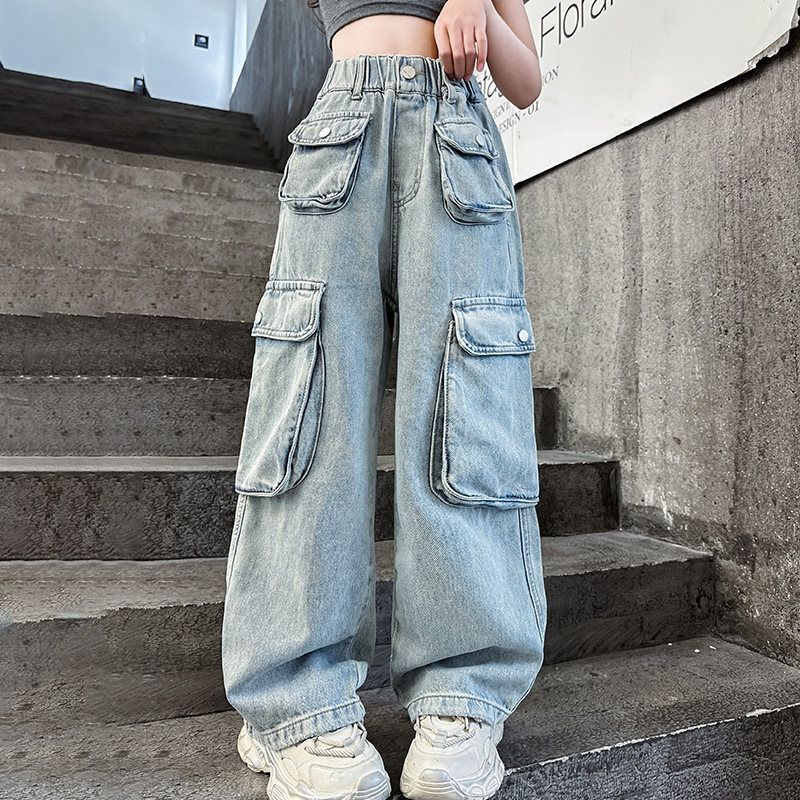 Jeans à grande poche pour filles, salopette ample pour garçons et filles, pantalons pour enfants_voghion.com