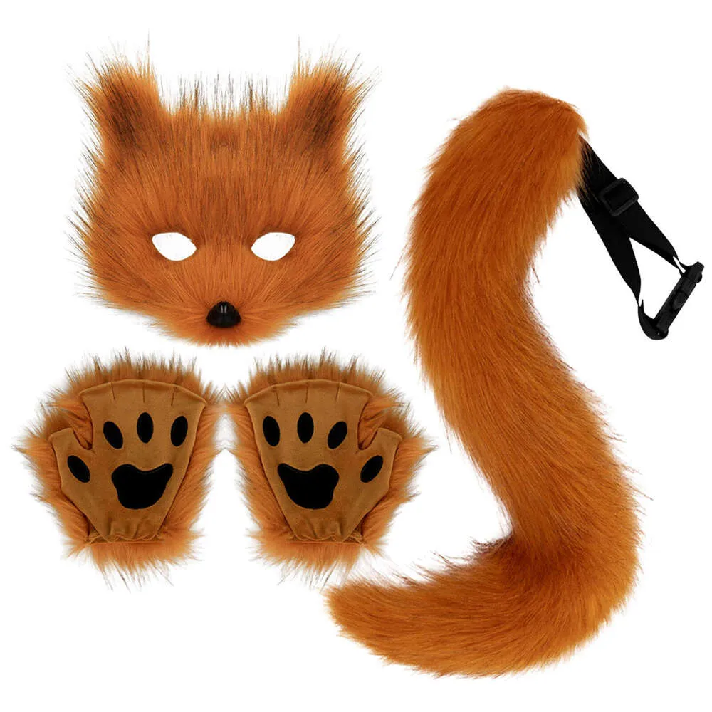 Chaveiro de cauda de raposa de pele fofa, luvas de patas de gato e conjunto de máscara de lobo Therian para acessórios de fantasia de cosplay de Halloween_voghion.com