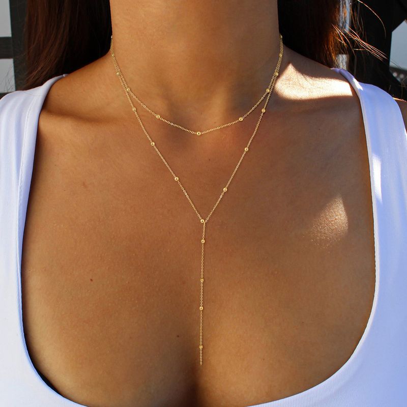 Collier empilable multicouche en forme de Y en acier inoxydable avec perles rondes et pampilles doubles_voghion.com