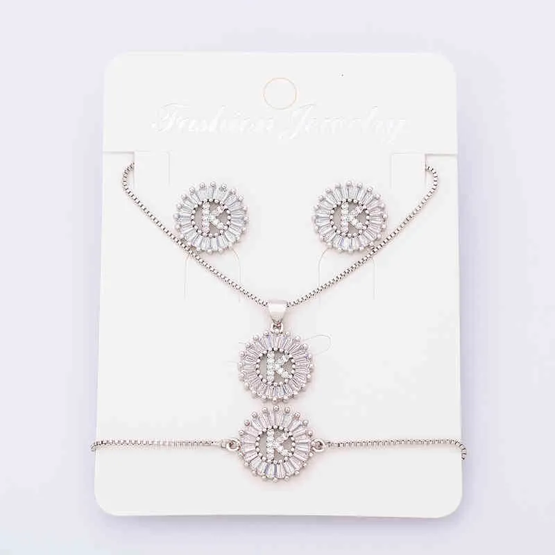 Charm Initial Necklace + Stud Earrings Bracelet Sets Jewelry Copper Zircon White Color A-z 26 Letters Alphabet_voghion.com