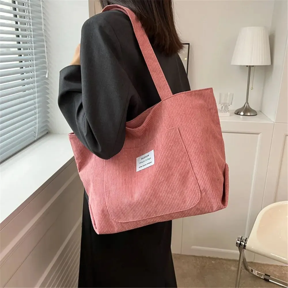 Dame skulderhåndtasker Corduroy tote stor indkøbstaske 240822_voghion.com