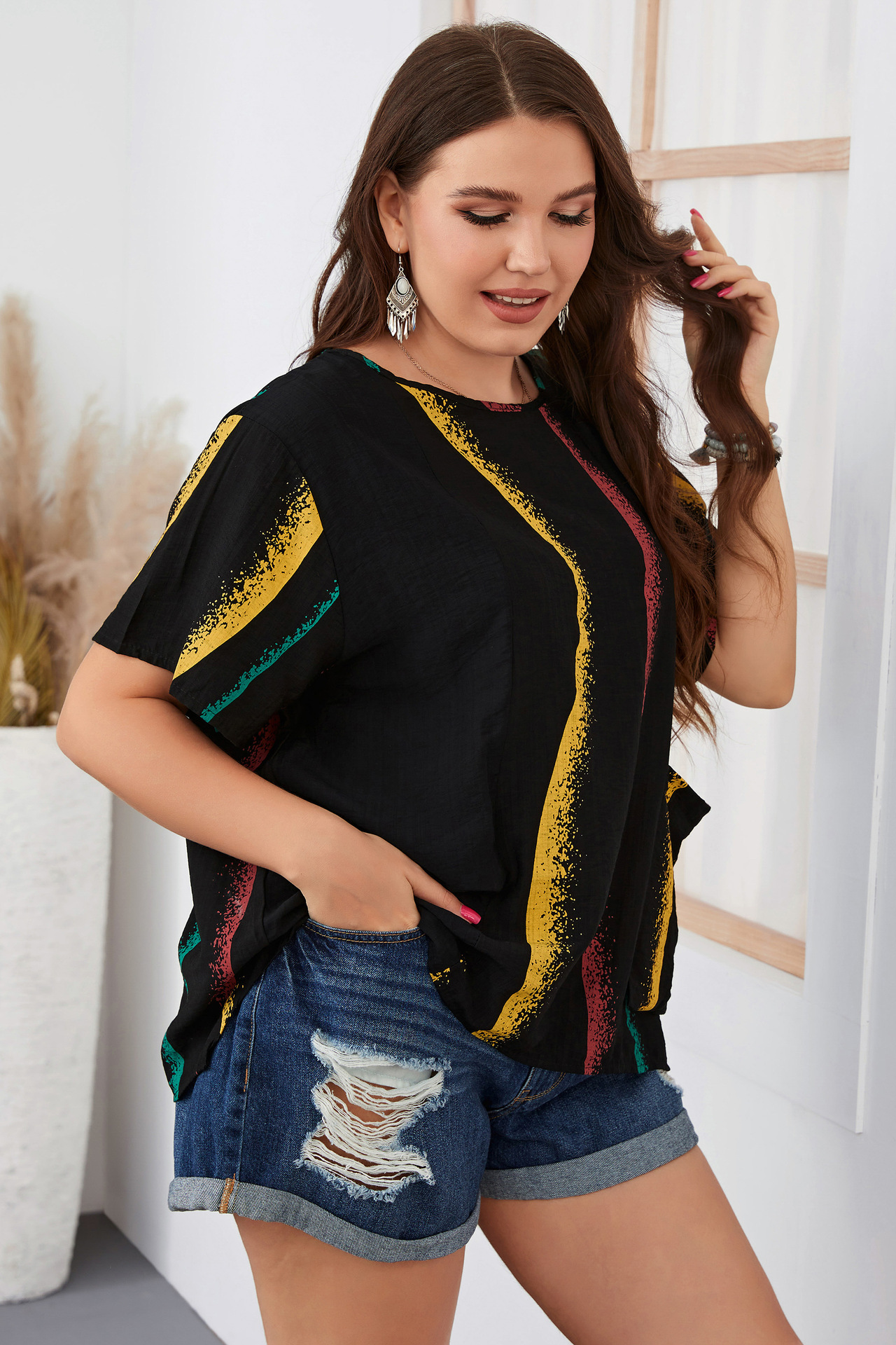 Women's striped contrast color large size women's shirt slim round neck women's clothing_voghion.com