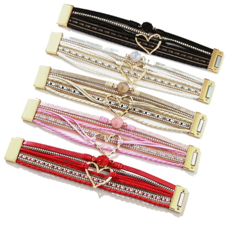 Bohemian Multi-layer Leather Handwoven Gold Big Love Ladies Bracelet_voghion.com