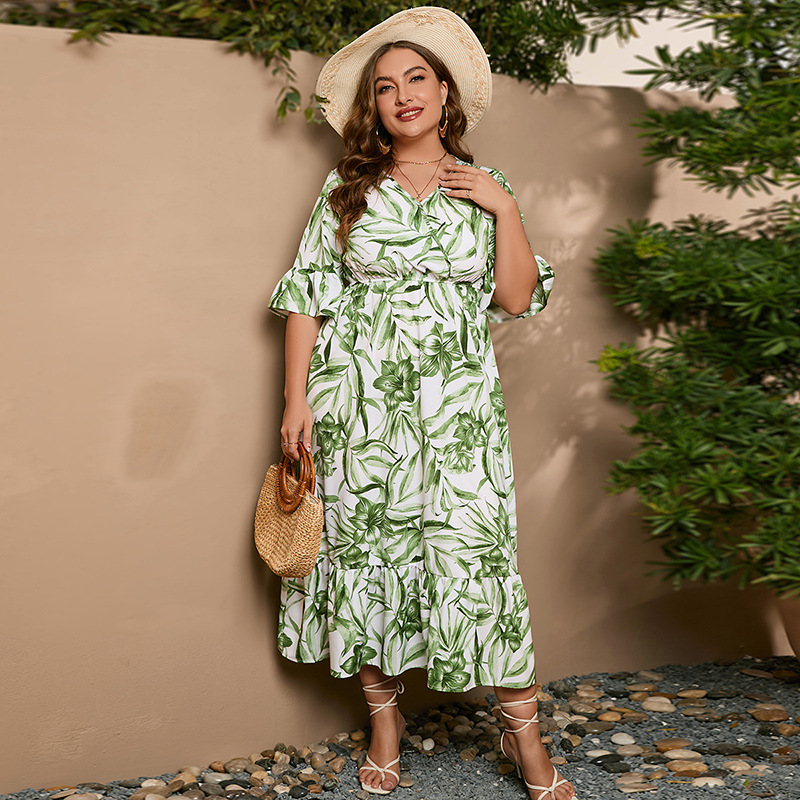 Women's leisure vacation plus size dress trumpet sleeve long skirt 200 catties can wear_voghion.com