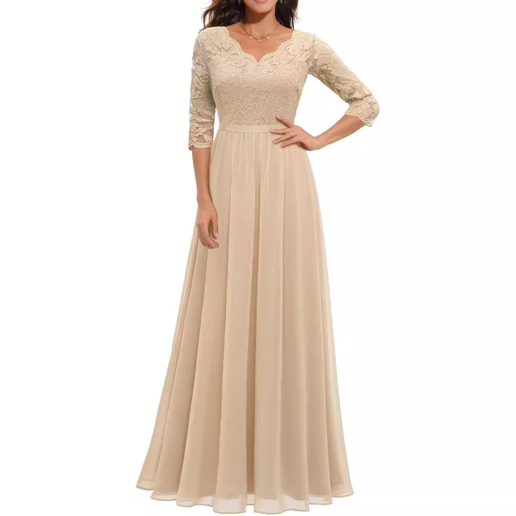 Women's Dress Lace Stitching Long Waist Noble Dress Dress