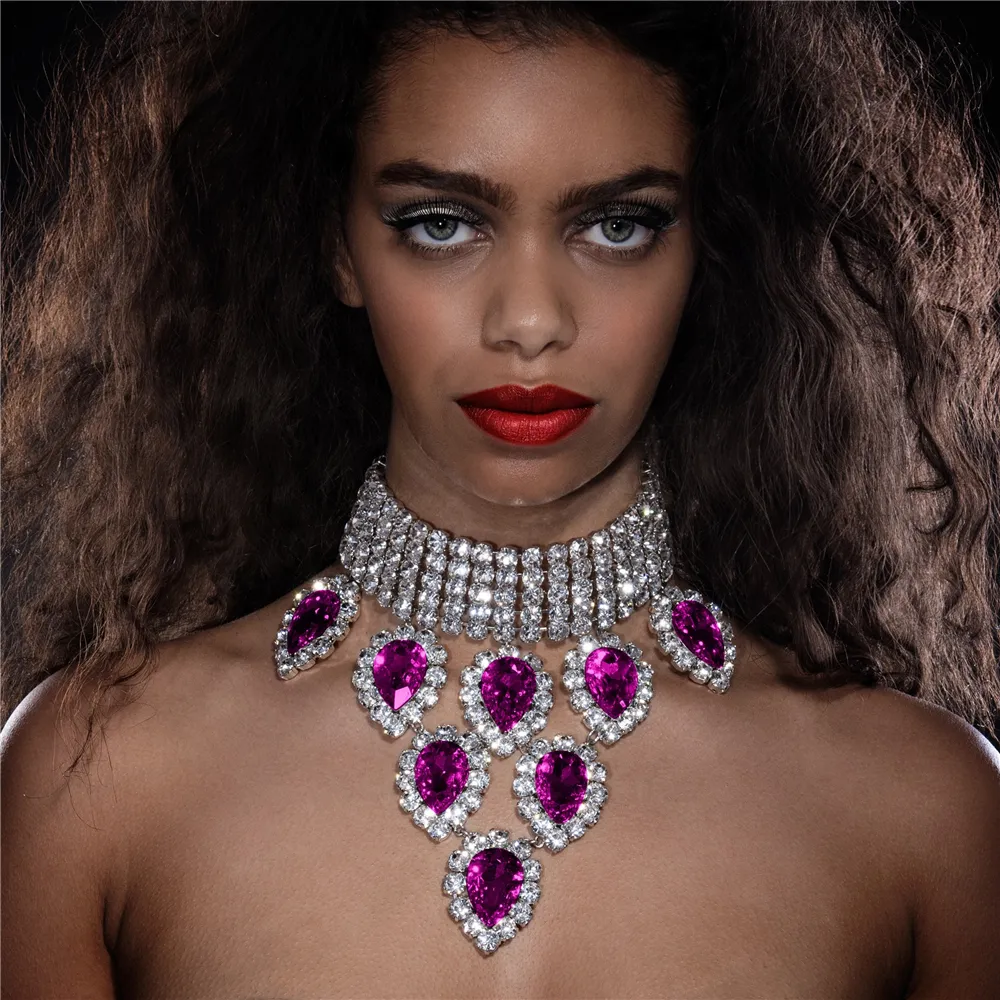 Deluxe Rhinestone Choker Necklace Multi-row Crystal Drop Pendant_voghion.com