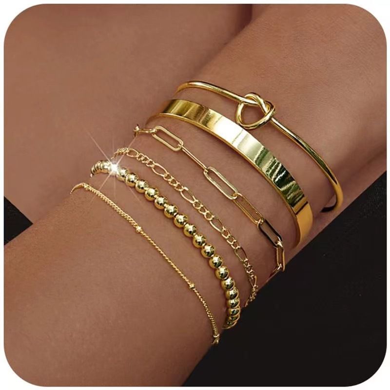 Brass With Real Gold Plating, Hot Selg Across Fashionable Love Multi Layer Stackable And Versatile Ladies Bracelet Set_voghion.com