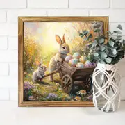 Rustikales Holzschild „Hase und Schubkarre“ (20,3 x 20,3 cm) – Bauernhaus-Wandkunst für Eingangsbereich, Küche und Wohnzimmer | Osterdeko und Geschenk_voghion.com