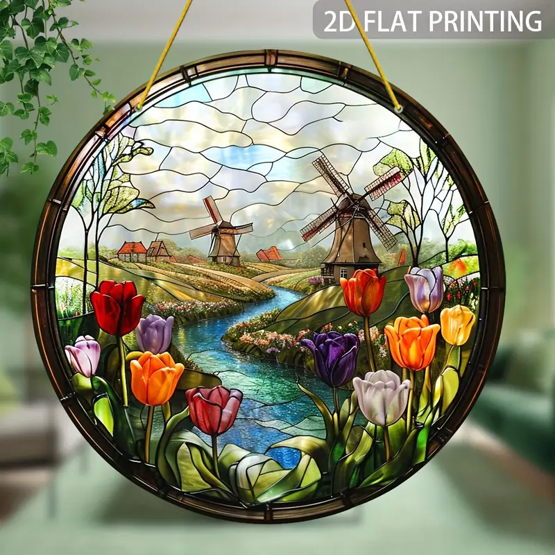 Windmill & Tulips Suncatcher - Vibrant Stained Glass-style Acrylic. Perfect For Mother's Day, Living Room,or Office Decor. Classic Round Hanging Panel_voghion.com