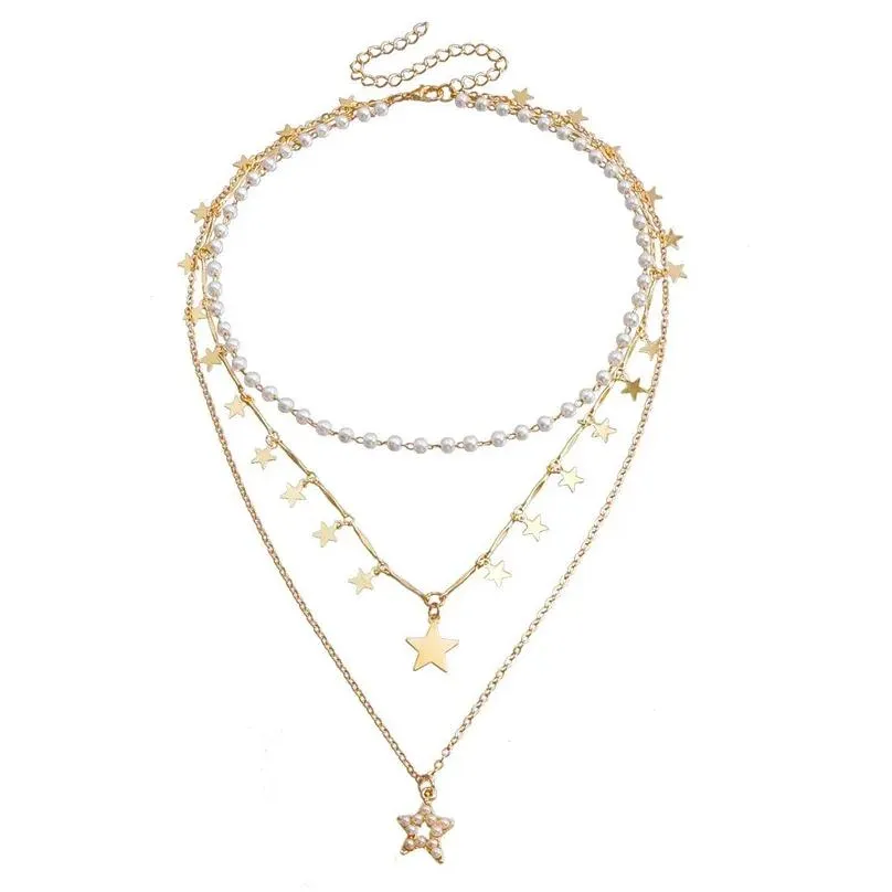 Kolye Kolye Bohem Katmanlı El Yapımı Yıldız Taklit İnci Vintage Chokers Kadınlar İçin Altın Renkli Kolye Moda_voghion.com