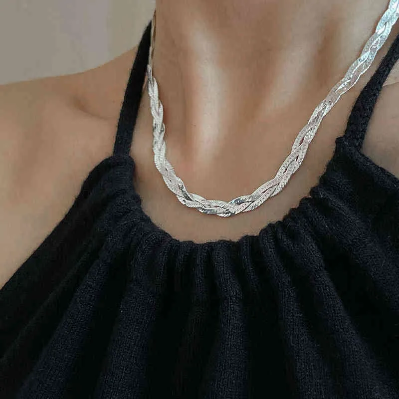 Braided Silver Chain Necklace Sterling Silver Trendy Elegant_voghion.com