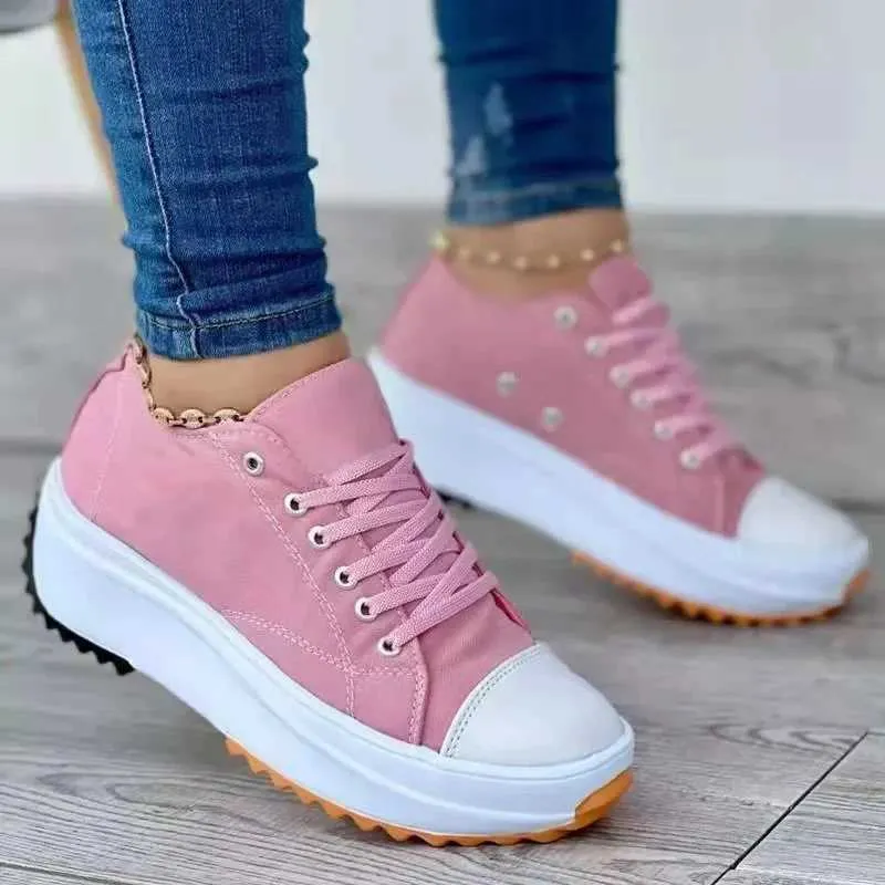 Speedy 2025 Klassische weiße Canvas-Sneaker für Damen, solide Schnürschuhe, lässige Plateauschuhe für DamenL464_voghion.com