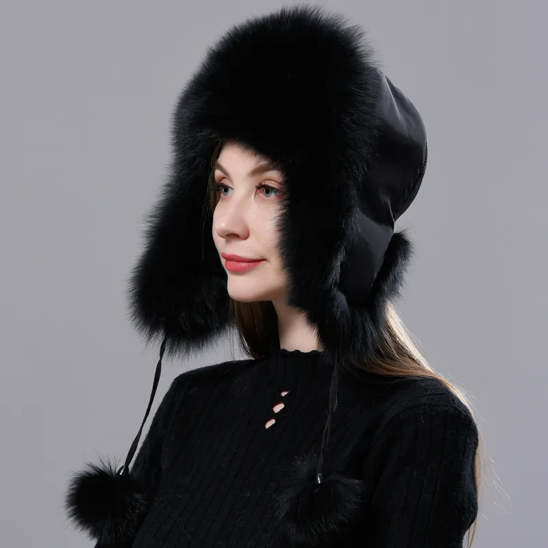 Gorro de aviación ruso de piel natural con orejas Ushanka para mujer, cálido, esponjoso y elegante, gorro de cola para mujer, gorros auténticos de moda para invierno._voghion.com
