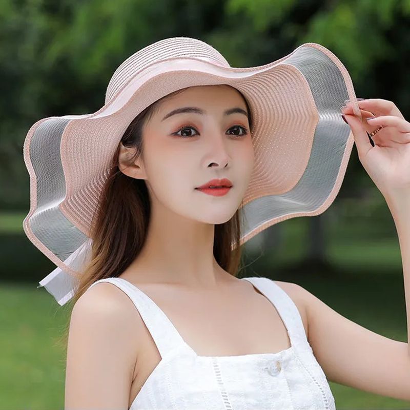 Women's Straw Hat Color Block Bow Summer Sun Hat Khaki Stylish_voghion.com