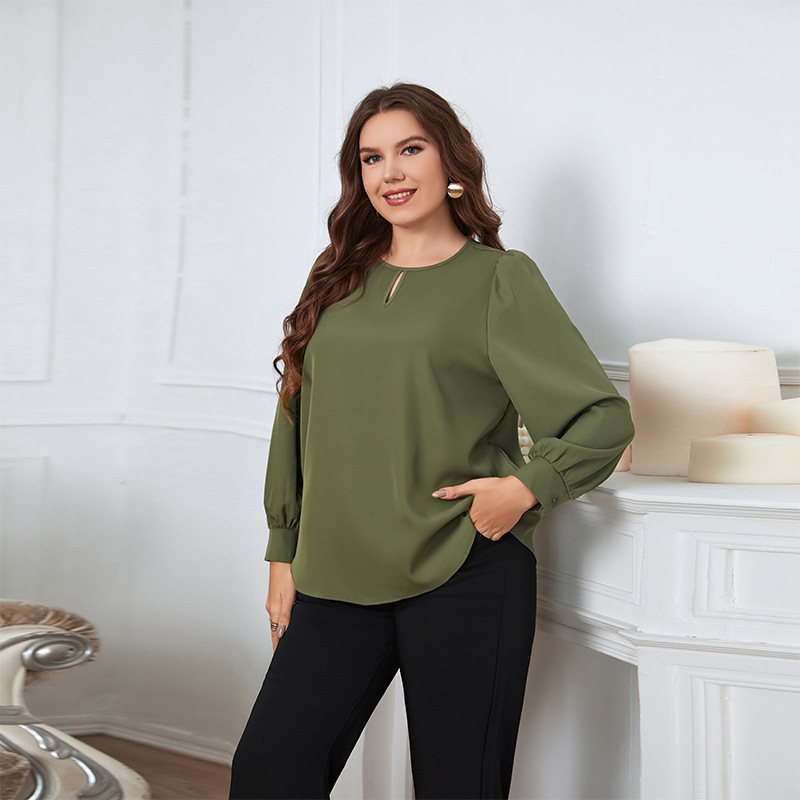 spring round neck long sleeve green large size women's shirt_voghion.com
