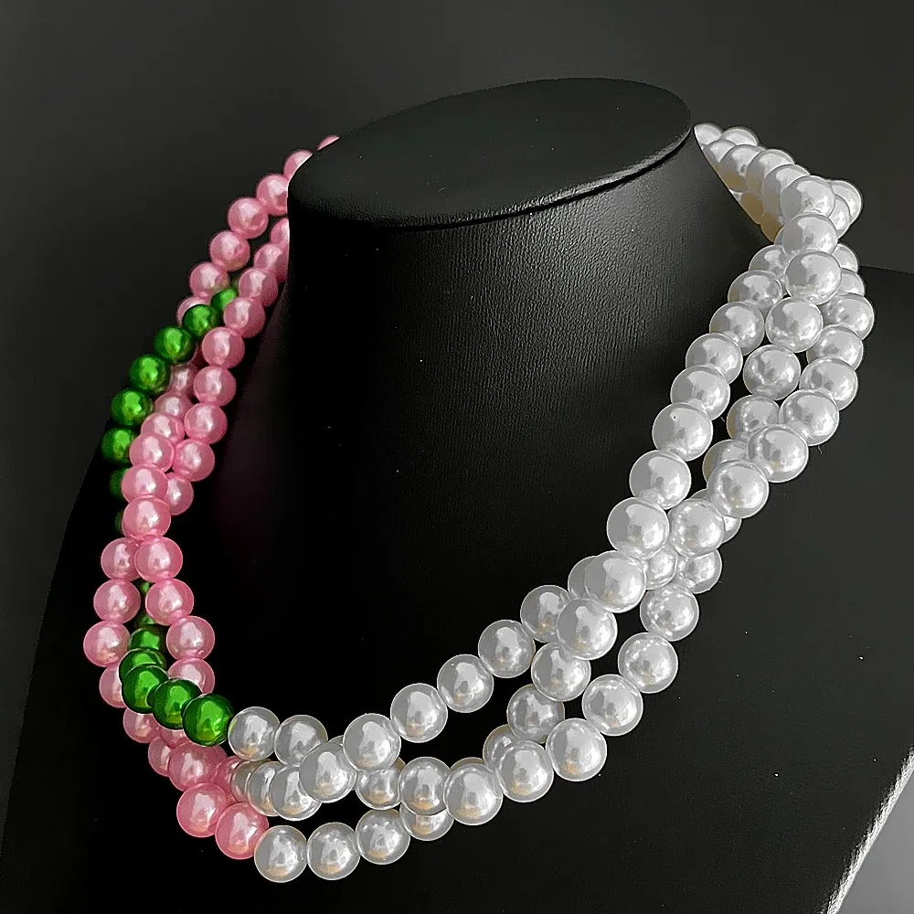 Collana girocollo multistrato con perle intrecciate rosa e verde_voghion.com