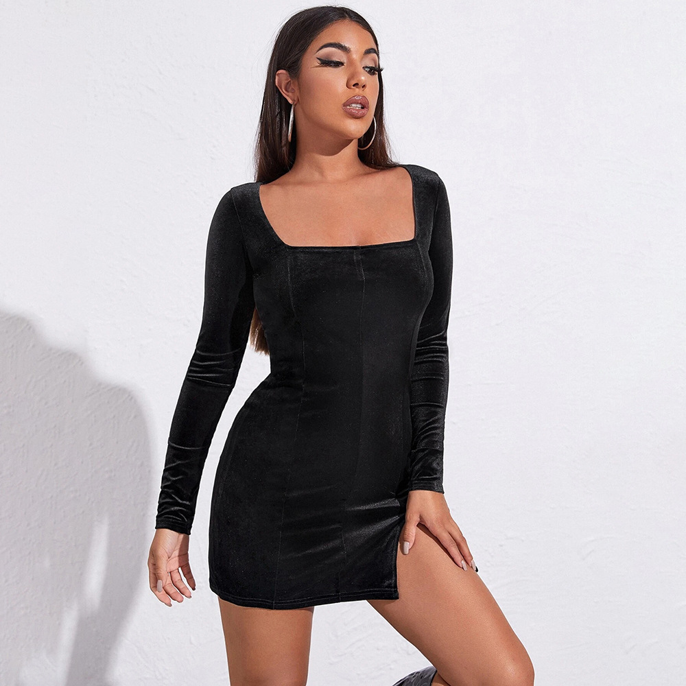 Damen Samtkleid Mit Schlitz Und Karree-ausschnitt Langärmlig_voghion.com