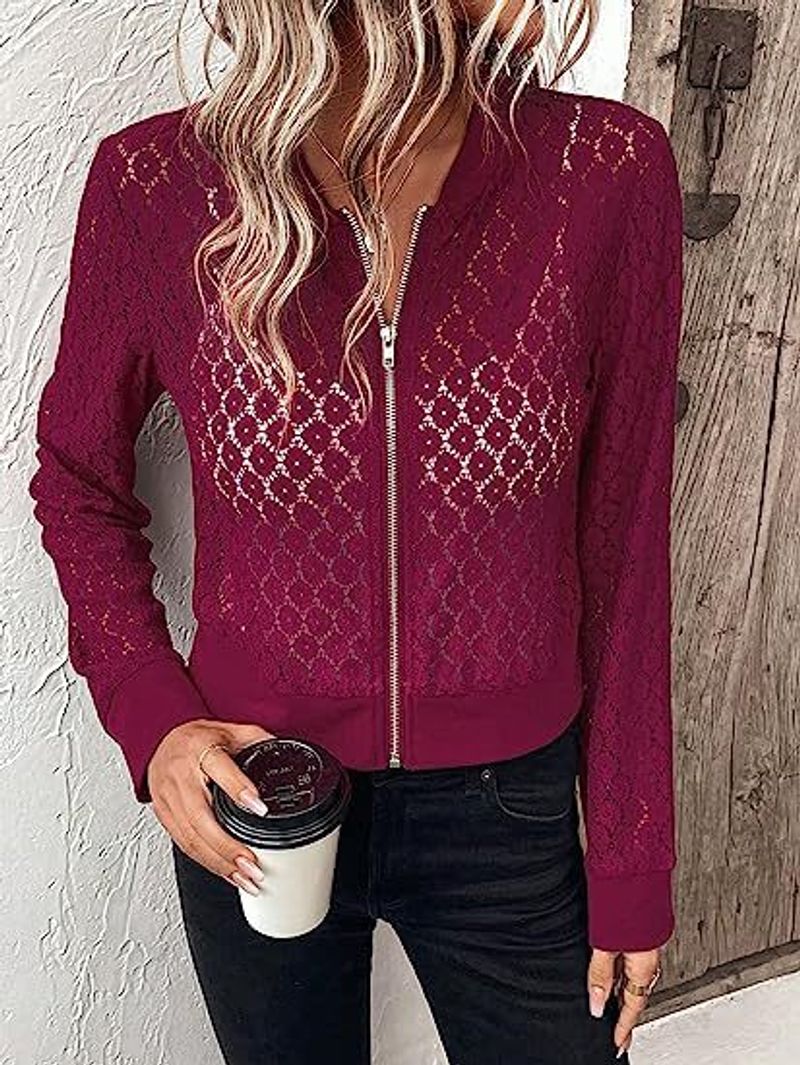 Women's clothing transparent lace long-sleeved zipper front baseball collar pilot jacket cross-border outerwear_voghion.com